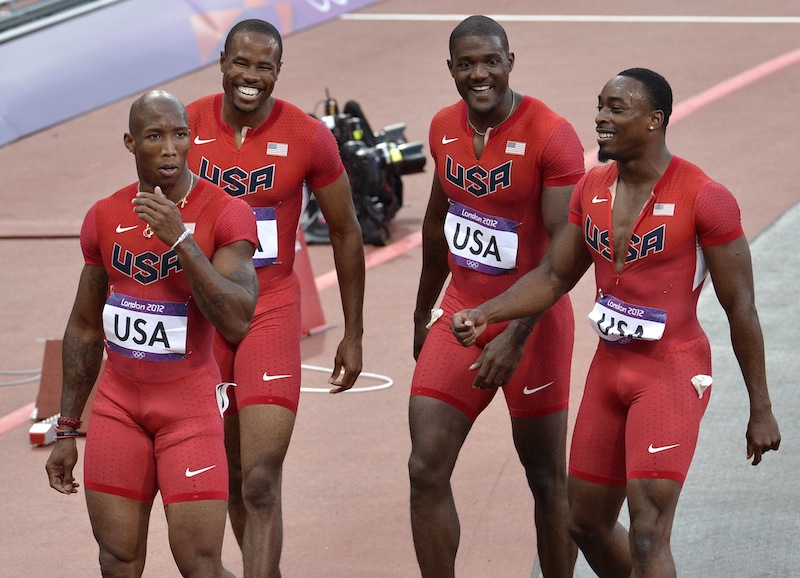 US men's 4 x100-meters relay team from left, Trell Kimmons , Darvis Patton, Justin Gatlin and Jeffrey Demps during the athletics in the Olympic Stadium at the 2012 Summer Olympics, London, Friday, Aug. 10, 2012. The New England Patriots have signed Demps, according to multiple reports. (AP Photo/Martin Meissner) 2012 London Olympic Games Summer Olympic games Olympic games Sports Events XXX Olympiad