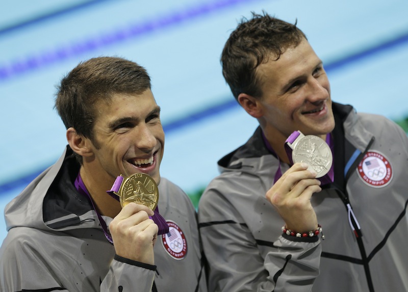 United States' Michael Phelps, left, and United States' Ryan Lochte pose with their medals for the men's 200-meter individual medley swimming final at the Aquatics Centre in the Olympic Park during the 2012 Summer Olympics in London, Thursday, Aug. 2, 2012. (AP Photo/Michael Sohn) (AP Photo/Michael Sohn) 2012 London Olympic Games Summer Olympic games Olympic games Sports Events XXX Olympiad