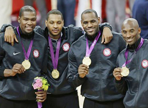 United States' Kevin Durant, Carmelo Anthony, LeBron James and Kobe Bryant, from left, display the gold medal following a ceremony at the 2012 Summer Olympics on Sunday in London.