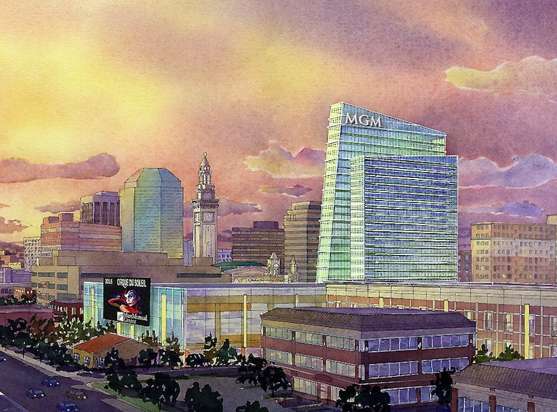 This artist rendering provided by MGM Resorts International via The Republican on Wednesday, Aug. 22, 2012, shows part of a proposed casino complex in Springfield, Mass. The complex would be built on 10 acres heavily damaged by a tornado that hit the city in June 2011. The proposal includes a 250-room hotel, 89,000 square feet of gambling space and 70,000 square feet of retail and restaurant space. (AP Photo/MGM Resorts International via Springfield Republican)