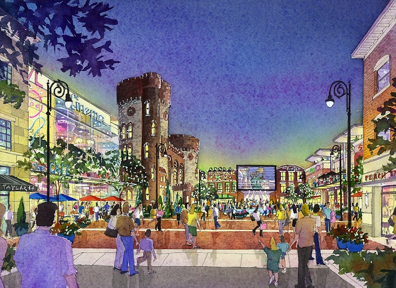 This artist rendering provided by MGM Resorts International via The Republican on Wednesday, Aug. 22, 2012, shows a view of Armory Square, part of a proposed casino complex in Springfield, Mass. The complex would be built on 10 acres heavily damaged by a tornado that hit the city in June 2011. The proposal includes a 250-room hotel, 89,000 square feet of gambling space and 70,000 square feet of retail and restaurant space. (AP Photo/MGM Resorts International via Springfield Republican)