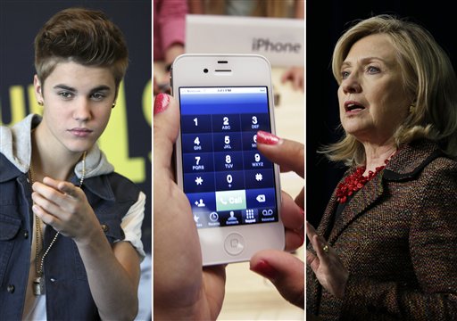 From left, entertainer Justin Bieber, an iPhone, and Secretary of State Hillary Rodham Clinton. This year's Beloit College Mindset List, a nonscientific compilation, is meant to remind teachers that college freshmen, born mostly in 1994, see the world in a much different way.