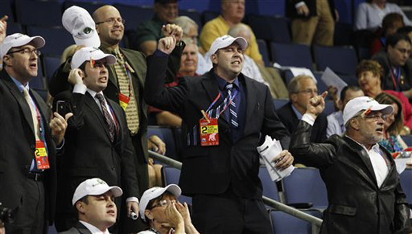 Delegates from Maine heckle during the presentation of the rules during the Republican National Convention in Tampa, Fla., on Tuesday.