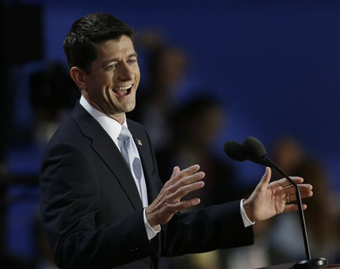 Republican vice presidential nominee, Rep. Paul Ryan speaks to delegates during the Republican National Convention in Tampa, Fla., on Wednesday, Aug. 29, 2012. (AP Photo/Charlie Neibergall)