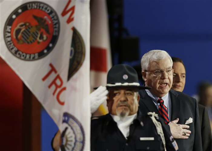Retired U.S. Army Brigadier General Patrick Rea recites the Pledge of Allegiance during the Republican National Convention in Tampa, Fla., on Wednesday, Aug. 29, 2012. (AP Photo/Charlie Neibergall)