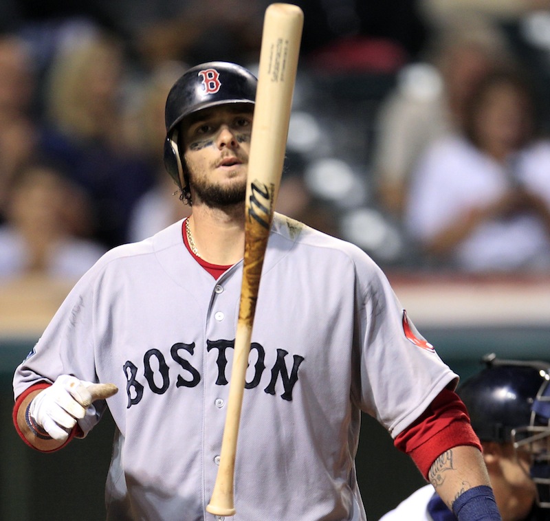 Boston Red Sox's Jarrod Saltalamacchia tosses his bat after striking out against Cleveland Indians relief pitcher Vinnie Pestano in the eighth inning of a baseball game, Thursday, Aug. 9, 2012, in Cleveland. (AP Photo/Tony Dejak)