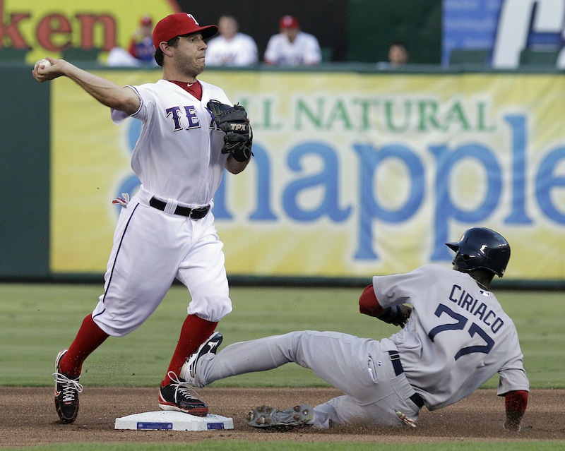 Boston Red Sox's Pedro Ciriaco (77) slides into second base during the double play against Texas Rangers second baseman Ian Kinsler, left, during the first inning of a baseball game on Wednesday, July 25, 2012, in Arlington, Texas. (AP Photo/LM Otero)