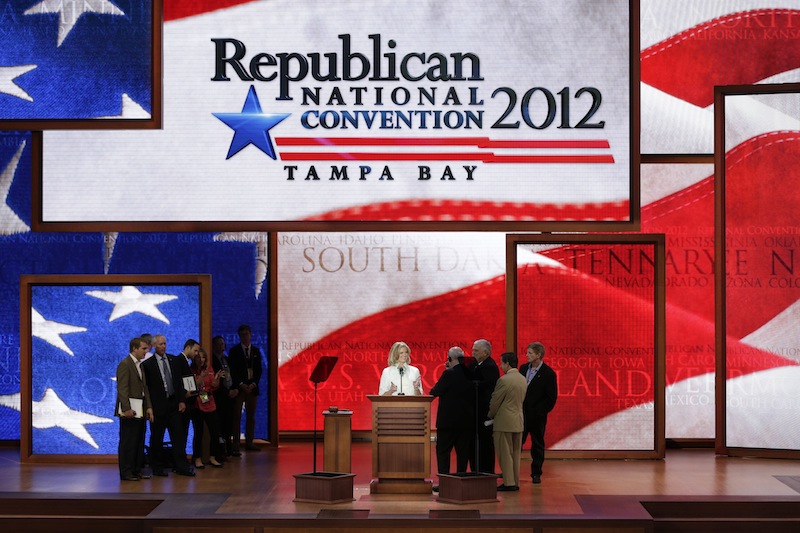 Ann Romney, wife of U.S. Republican presidential candidate Mitt Romney, looks over the main stage during a sound check at the Republican National Convention in Tampa, Fla., on Tuesday, Aug. 28, 2012. (AP Photo/J. Scott Applewhite)