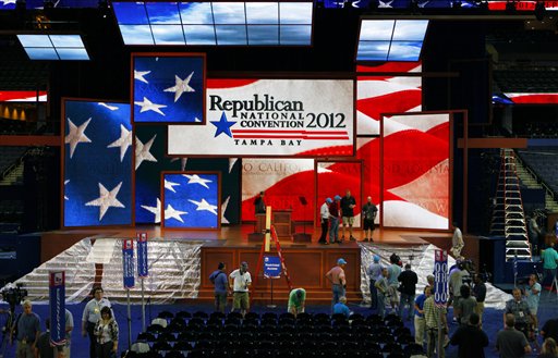 Workers prepare the stage for the Republican National Convention inside the Tampa Bay Times Forum in Tampa, Fla., on Saturday. The party platform is one of the few documents of the organization's members' core beliefs and should not be dismissed too quickly.