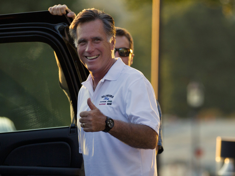 Republican presidential candidate Mitt Romney leaves Brewster Academy in Wolfeboro, N.H., on Sunday after finishing convention preparations for the day.