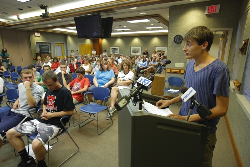 Jack Sullivan, the Scarborough High School senior class president, addresses the school board on Thursday, August 16, 2012. "This is just the tip of the iceberg," Sullivan said. "If this doesn't stop now, there's no telling what's next."