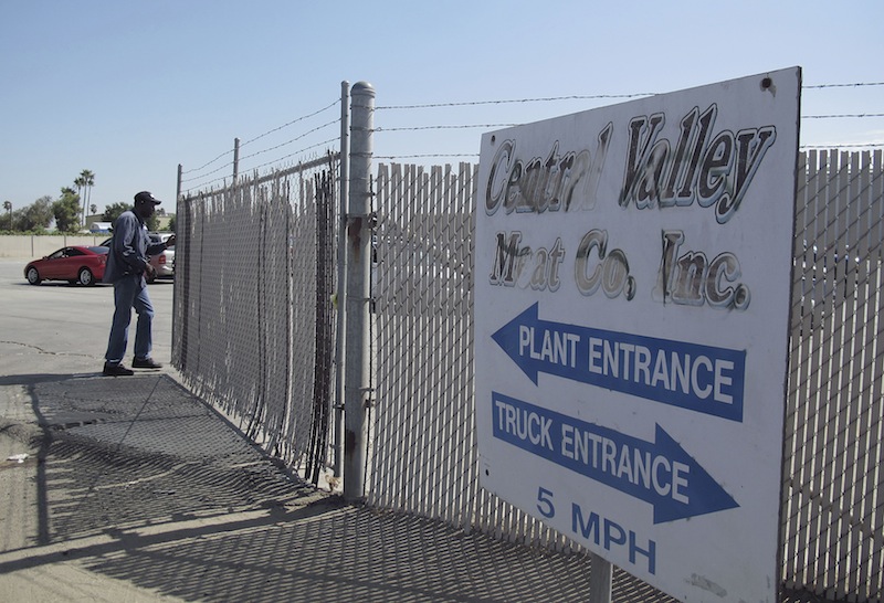 A security guard opens the gate at the Central Valley Meat Co., the California slaughterhouse shut down by federal regulators after they received video showing dairy cows being repeatedly shocked and shot before being slaughtered, on Tuesday, Aug. 21, 2012 in Hanford, Calif. Federal regulators are investigating whether beef from sick cows reached the human food supply. (AP Photo/Gosia Wozniacka)