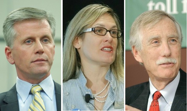 Maine candidates for U.S. Senate: Republican Charlie Summers, left, Democrat Cynthia Dill and independent Angus King.