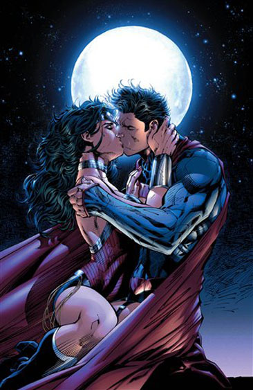 This comic book image released by DC Entertainment shows Wonder Woman and Superman kissing from the "Justice League 12" issue. Wonder Woman and Superman are officially an item, locking lips in a passionate embrace as the pair realize that there's no one out there like them. The couple's kiss is the culmination of a dramatic story in "Justice League" No. 12 which marks the first full year since DC relaunched its stable of heroes with new stories, new costumes and revised origins. (AP Photo/DC Entertainment)