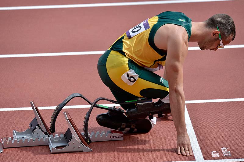 South Africa's Oscar Pistorius prepares to start in a men's 400-meter heat Saturday at the 2012 Summer Olympics in London. Pistorius a double-amputee, reached Sunday's semifinals by finishing second in his heat. 2012 London Olympic Games Summer Olympic games Olympic games Spo