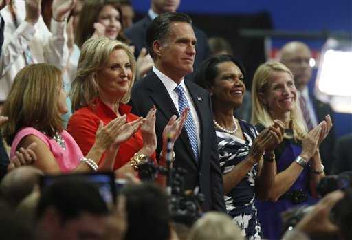 Republican presidential nominee Mitt Romney and his wife Ann applaud with Former Secretary of State Condoleezza Rice, second right, and Republican vice presidential nominee Rep. Paul Ryan's wife Janna, right, following New Jersey Governor Chris Christie's speech to the Republican National Convention in Tampa, Fla., on Tuesday, Aug. 28, 2012. (AP Photo/Jae C. Hong)