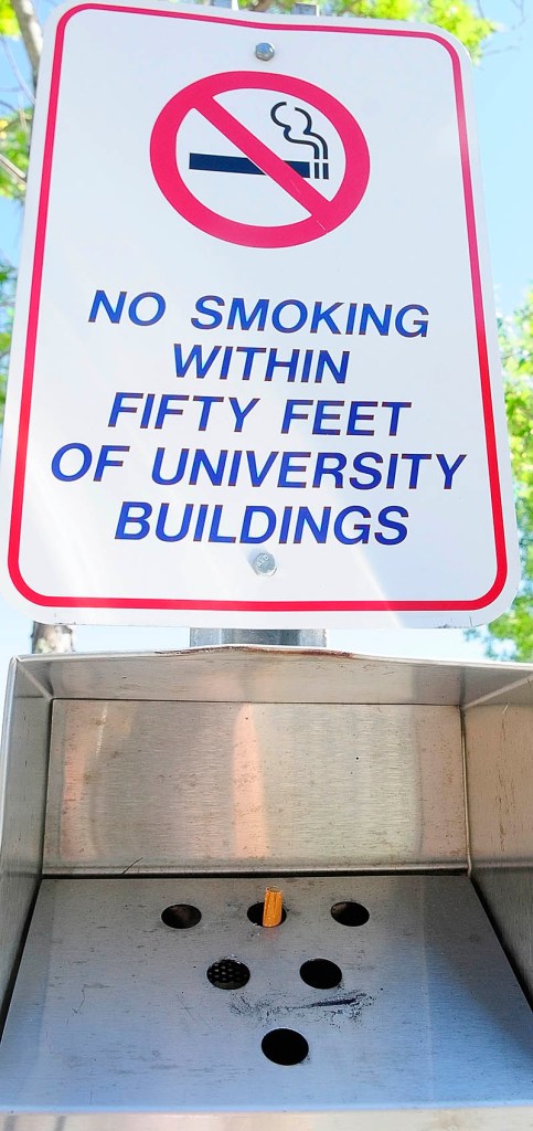 There are metal containers for cigarette butts outside buildings a the The University of Maine at Augusta.The University recently announced that it will go tobacco-free effective Jan. 1, 2013, joining the Orono and Farmington campuses.