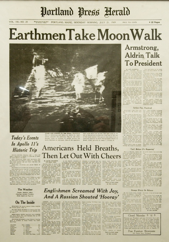 The front page of the Portland Press Herald hails the first manned landing on the moon by America’s Apollo 11 astronauts Neil Armstrong and Buzz Aldrin in July 1969. Press Herald front page
