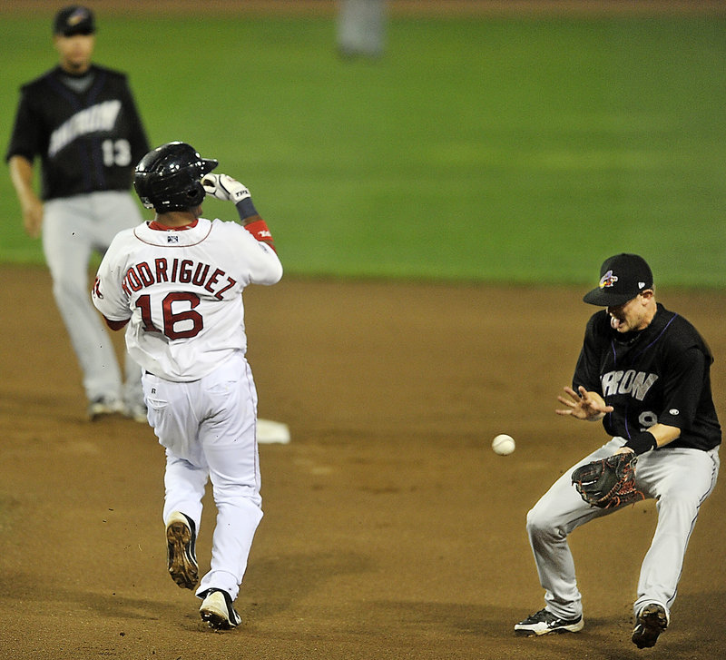 Reynaldo Rodriguez, who was running on the pitch, eludes a grounder Tuesday night during the Portland Sea Dogs’ 1-0 victory over the Akron Aeros at Hadlock Field. Rodriguez was promoted to Triple-A Pawtucket after the game.