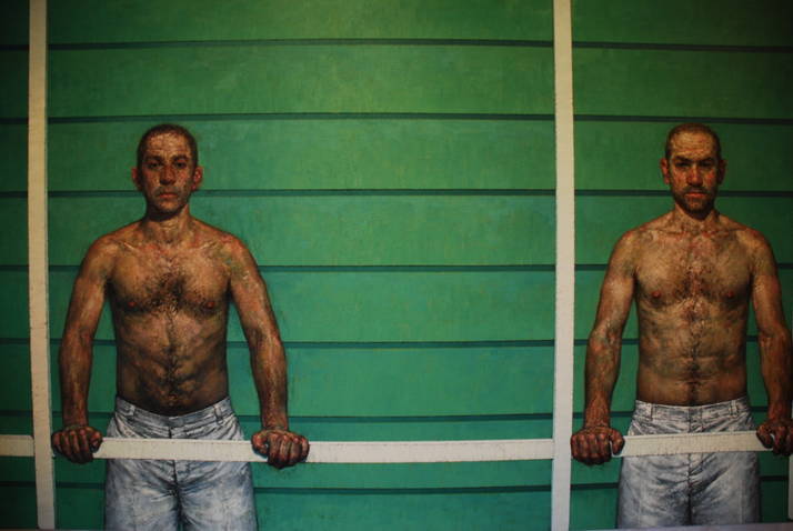 “Two Men on a Porch,” 2006 oil on panel by Forrest Williams.