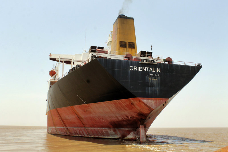 The former Exxon Valdez, seen on June 30, is anchored near the Alang ship-breaking yard in western India. The ship has changed names and owners six times since being involved in an oil-spill in 1989 in Alaska.