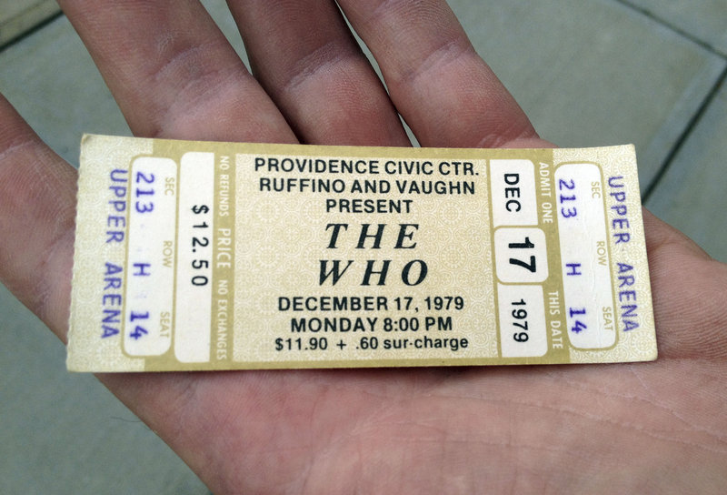 Tickets from a canceled 1979 concert by The Who, which were exchanged by fans for their upcoming Quadrophenia tour concert in February 2013, lay on a counter outside the box office of the Dunkin Donuts Center in Providence, R.I., Tuesday, July 31, 2012. Their 1979 concert was cancelled due to safety concerns after 11 people died in a stampede before a show in Ohio. The arena honored the tickets for that canceled show, which will be auctioned off to help the Special Olympics. (AP Photo/Michelle R. Smith)