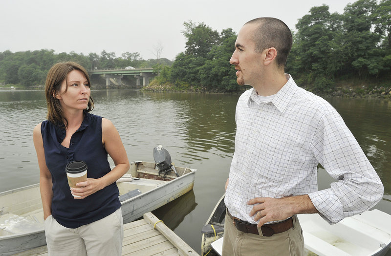 Vanessa Farr, town planner, and Dan Bannon, project engineer, at Town Landing. Proposals might include a footbridge in the area.