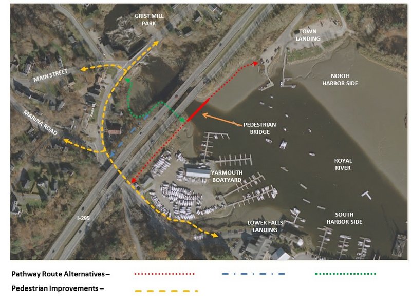 Yarmouth officials are considering a proposal to reconnect the lower village to the waterfront with pedestrian improvements along Route 88, Main Street and Marina Road, a new pathway beneath Interstate 295 and a footbridge across the Royal River to Yarmouth Town Landing.