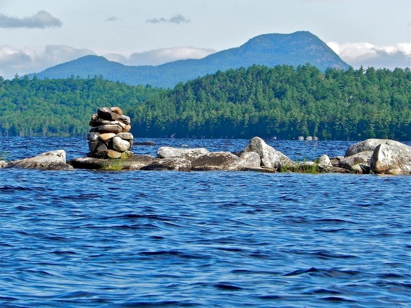 A visit to Sebec Lake not only affords views of Borestone Mountain in the distance, but also many other interesting sites such as this cairn in the middle of the lake.