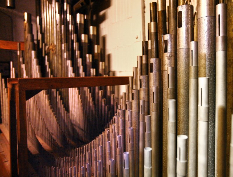 Pipes in the rear of the Kotzschmar will once again deliver the organ’s full power after the restoration. The Friends of the Kotzschmar Organ have raised much of the money for the project, but the Portland City Council approved up to $1.25 million in bonds to help cover the cost.