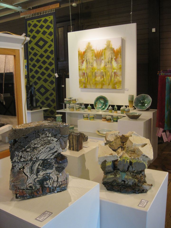 Ceramics by Jonathan Mess (foreground) and Liz Proffetty (background) are part of the “Vital Signs” group show at The Stable Gallery in Damariscotta.