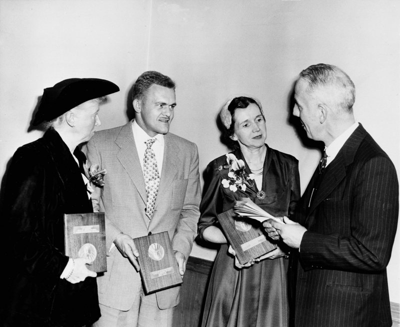 National Book Award winners are, from left, Marianne Moore, James Jones and Rachel Carson, author of “The Sea Around Us.” At right is John Mason Brown, author and toastmaster at the ceremonies held in the Hotel Commodore in New York City in 1952.