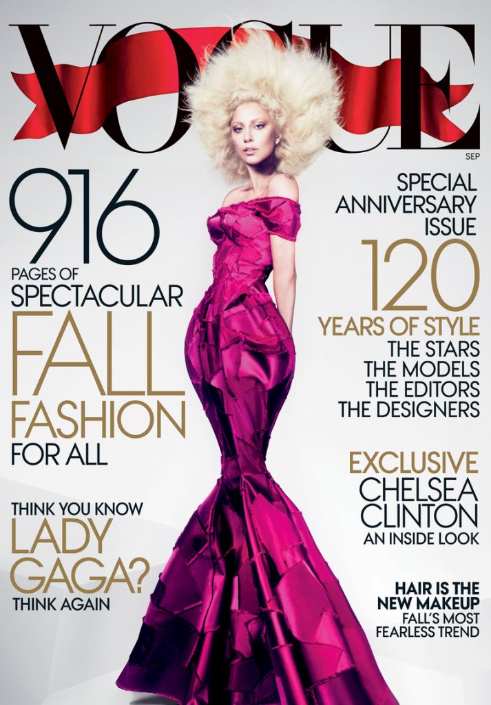 Popular singer Lady Gaga is featured in the September issue of Vogue, the magazine’s 120th anniversary issue and its largest yet.