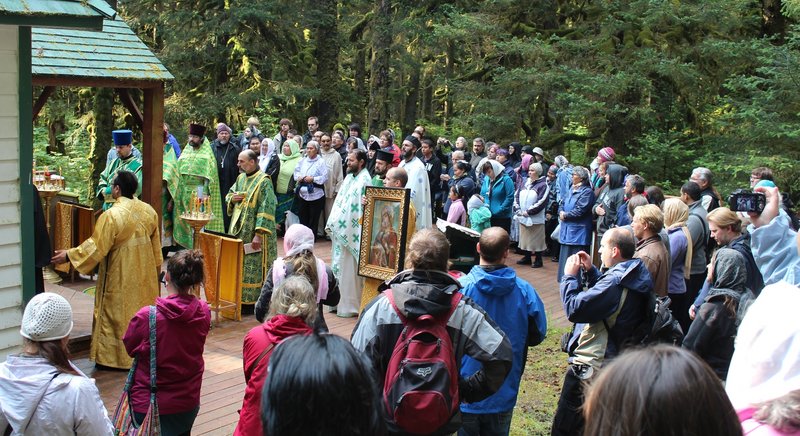 Pilgrims gather at the chapel of Saints Sergius and Herman of Valaam on Spruce Island, Alaska, on Wednesday, the 42nd anniversary of the canonization of St. Herman of Alaska.
