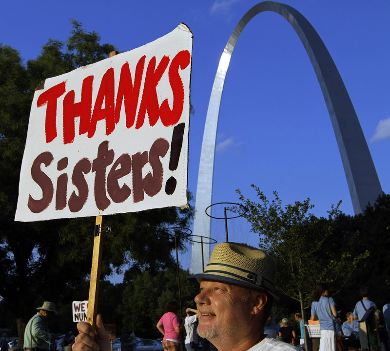 Mike Baldwin rallies with supporters of the Leadership Conference of Women Religious on Thursday in St. Louis. The LCWR represents about 80 percent of the 57,000 Roman Catholic nuns in the United States.