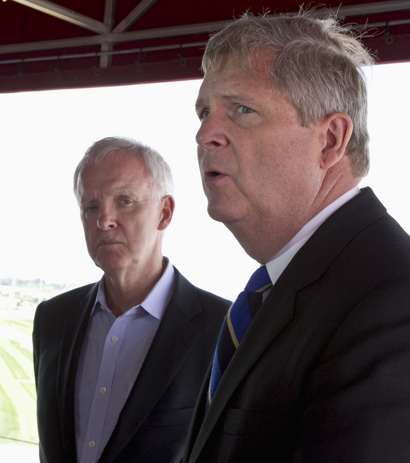 U.S. Secretary of Agriculture Tom Vilsack, right, and Democratic Senate candidate Bob Kerrey attend a news conference Friday in Omaha, Neb.