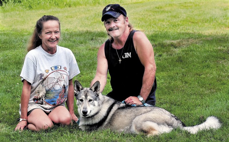 Julie and Gene Mitchell of Detroit with their 2-year-old wolf hybrid named Wolf.