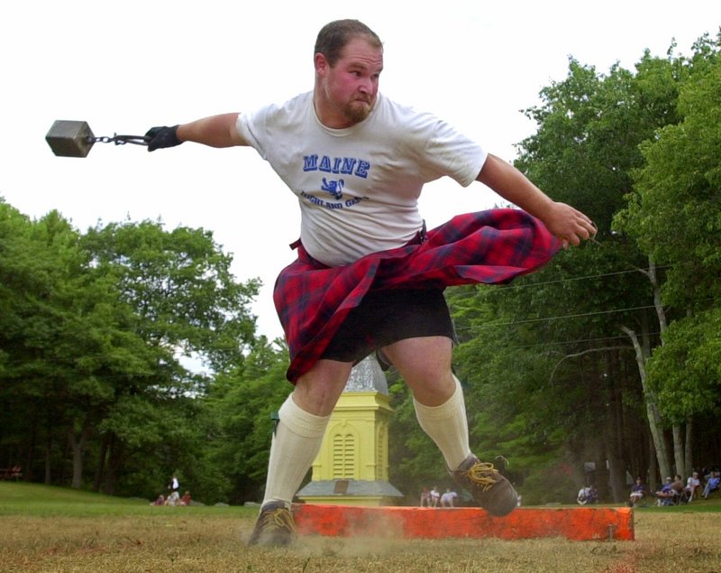 Contestants participate in events at past years’ Maine Highland Games. This year’s event takes place Saturday at the Topsham Fairgrounds.