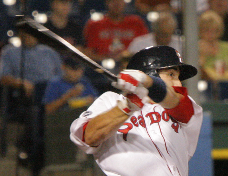 Travis Shaw of the Portland Sea Dogs connects on a double in the fourth inning Tuesday night, all part of an offense that, combined with strong pitching, produced a 13-2 victory against the Altoona Curve.