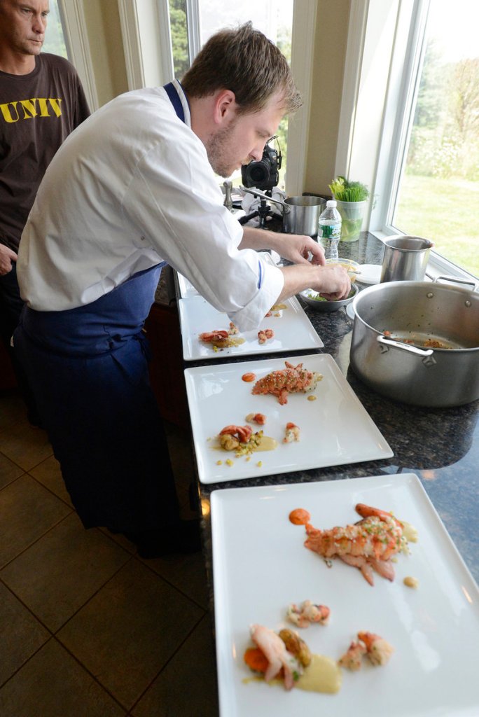The competition’s winner, a Maine native who recently worked at Uni Sashimi Bar in Boston, prepares a dish that included butter-poached lobster with ragout of sauteed knuckles, roasted fingerling potatoes, cinnamon-roasted carrots, roasted corn and sweet miso puree, and piquillo pepper. Gould said he plans to open his own restaurant in Portland next spring that will feature “internationally inspired small plates.”