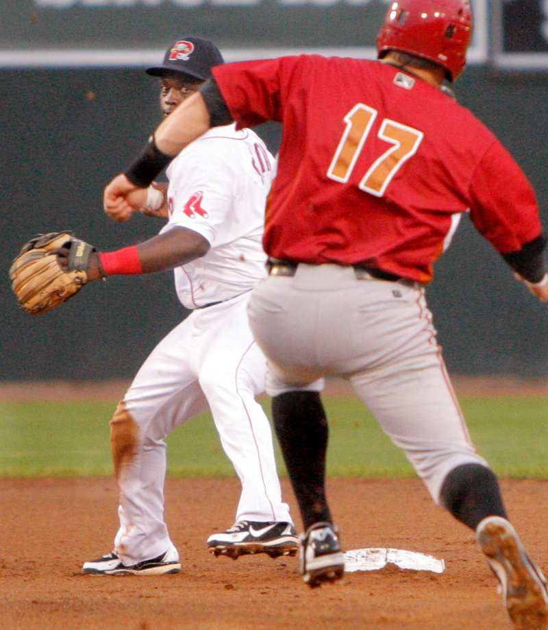 Marquez Smith of the Portland Sea Dogs turns to complete a double play after forcing Matt Curry of the Altoona Curve in the second inning.