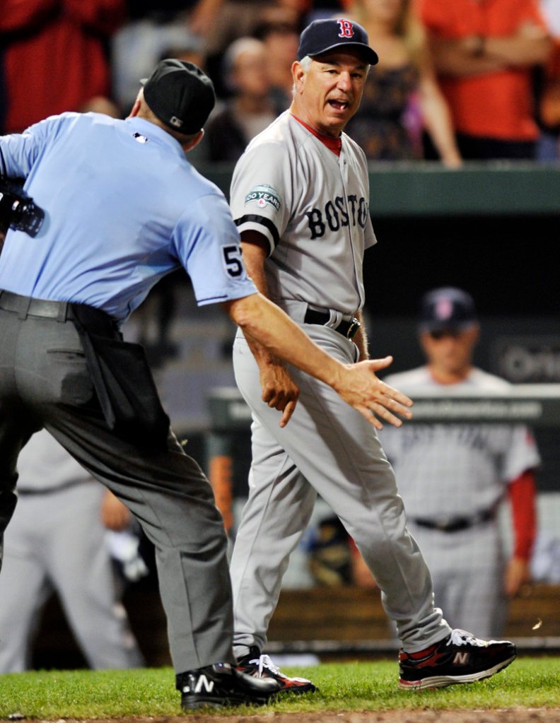 Red Sox Manager Bobby Valentine says the wrong thing to plate umpire Mike Everitt and gets the heave-ho in the eighth inning of Boston’s 5-3 loss at Baltimore on Wednesday.