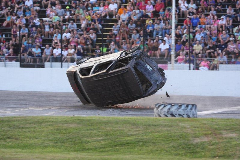 During Car Wars at Beech Ridge Motor Speedway, drivers collide and sometimes flip. New at Car Wars this year are drag races, in which contact is not recommended.