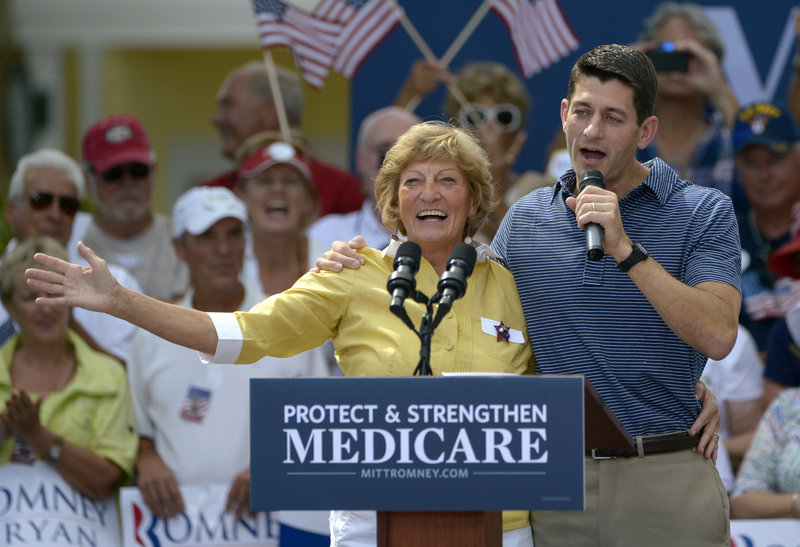 Republican vice-presidential candidate Rep. Paul Ryan, R-Wis., introduces his mother, Betty Ryan Douglas, to supporters at a campaign rally in The Villages, Fla. He called Medicare “a promise we have to keep."