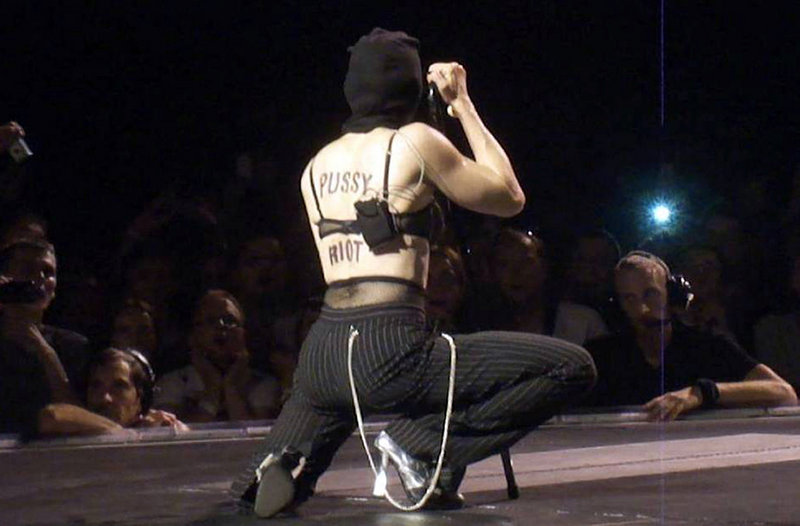 Madonna performs Aug. 7 in Moscow, with the words “Pussy Riot” on her bare back. She has angered some conservative Russians with her support for the punk rockers and others with her support for gay rights.