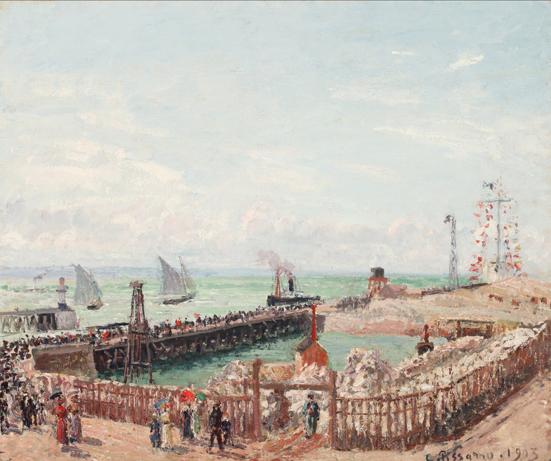 Camille Pissarro’s “The Jetty at Le Havre, High Tide, Morning Sun,” 1903, from “The Draw of the Normandy Coast, 1860-1960,” which wraps up its summer at the Portland Museum of Art on Sept. 3.