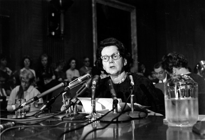 Rachel Carson, whose book “Silent Spring” led to a study of pesticides, testifies before the Senate on June 4, 1963, urging Congress to curb the sale of DDT and other chemical pesticides.
