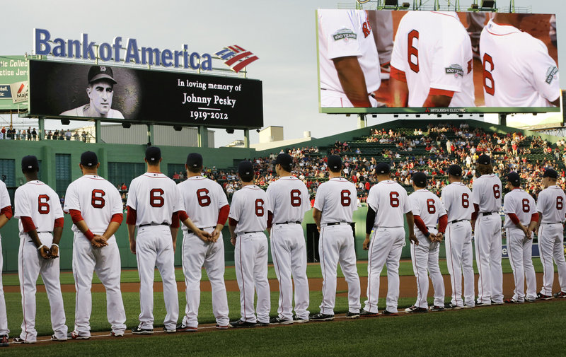 Johnny Pesky, who died Aug. 13 at age 92 following a career that lasted more than 60 years, was honored by the Boston Red Sox before the game. All of the players wore his No. 6. Pesky was a player, manager and broadcaster for the Red Sox.