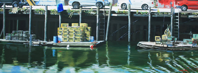 “Maine Wharf III” by Francine Schrock, one of the 11 artists in the Saccarappa Art Collective who are opening a new gallery on Friday in downtown Westbrook.