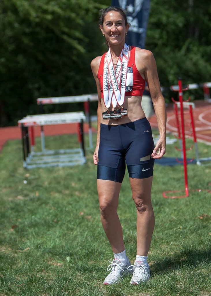 Sue McCarthy of South Portland won three medals earlier this month at the USA Masters Track and Field Championships in Lille, Ill. McCarthy placed second in the 100 and 200 meters in the 45-49 age group, and was on the winning 4x100 relay team.